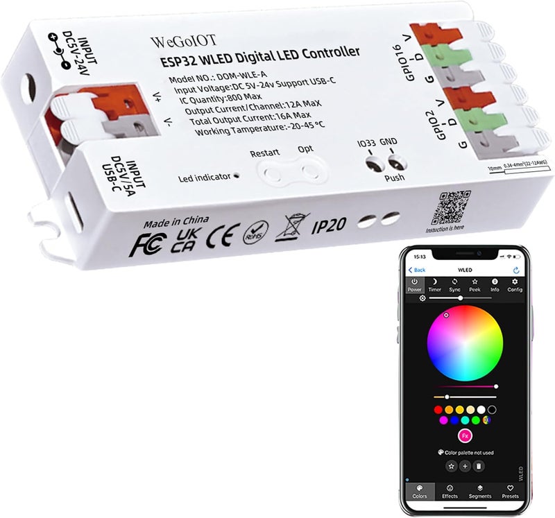 WeGoIOT ESP32 WLED LED Strip Controller with 16A Fuse Dynamic RGB IC DIY Port WiFi App Control Easy Wiring Terminal for WS2811 WS2812B SK6812 SM16703P FCOB Addressable Strip Light - Image 1